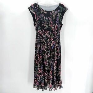 Connected Apparel Petite Dress Womens 10P Black Floral Waist Tie Midi Classic